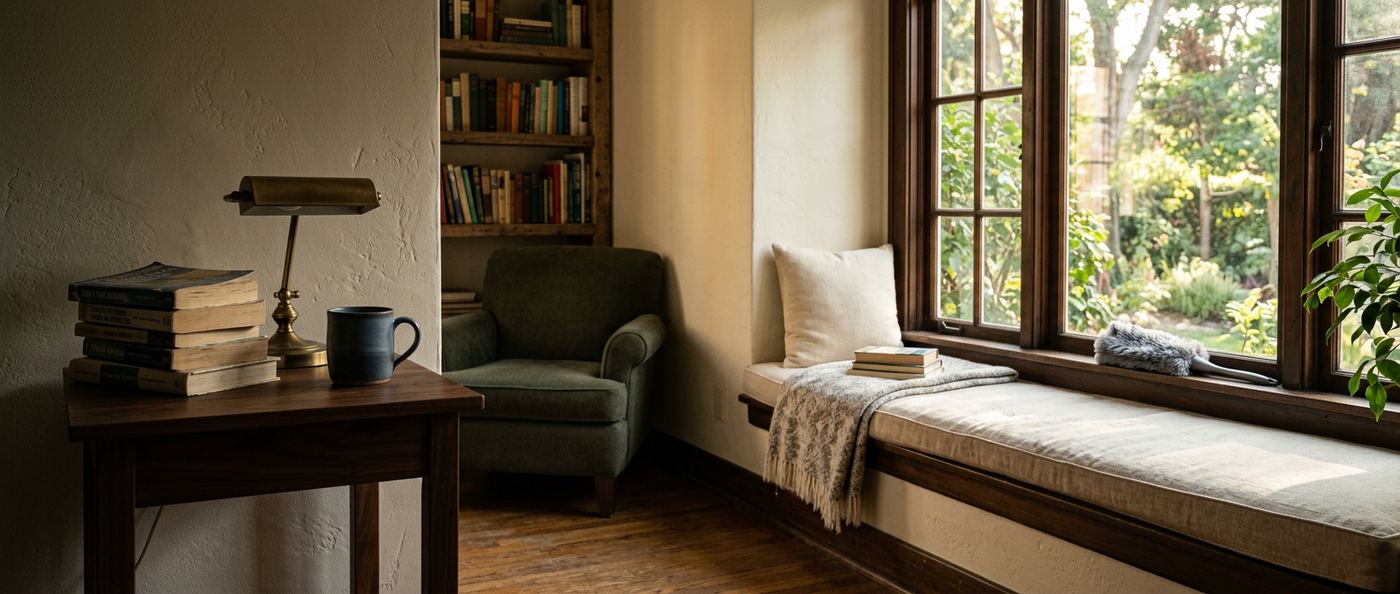Cozy residential reading corner with a folded microfiber duster on the sill