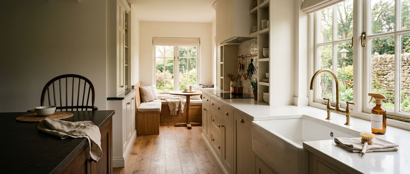 Panoramic residential kitchen scene with soft natural light