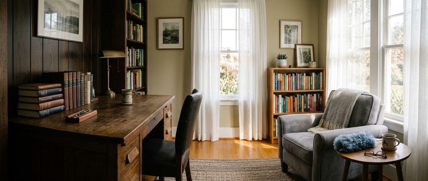 Panoramic residential home office with a shadowed wooden desk and stacked books transitioning into a bright reading nook lit by sheer curtained windows