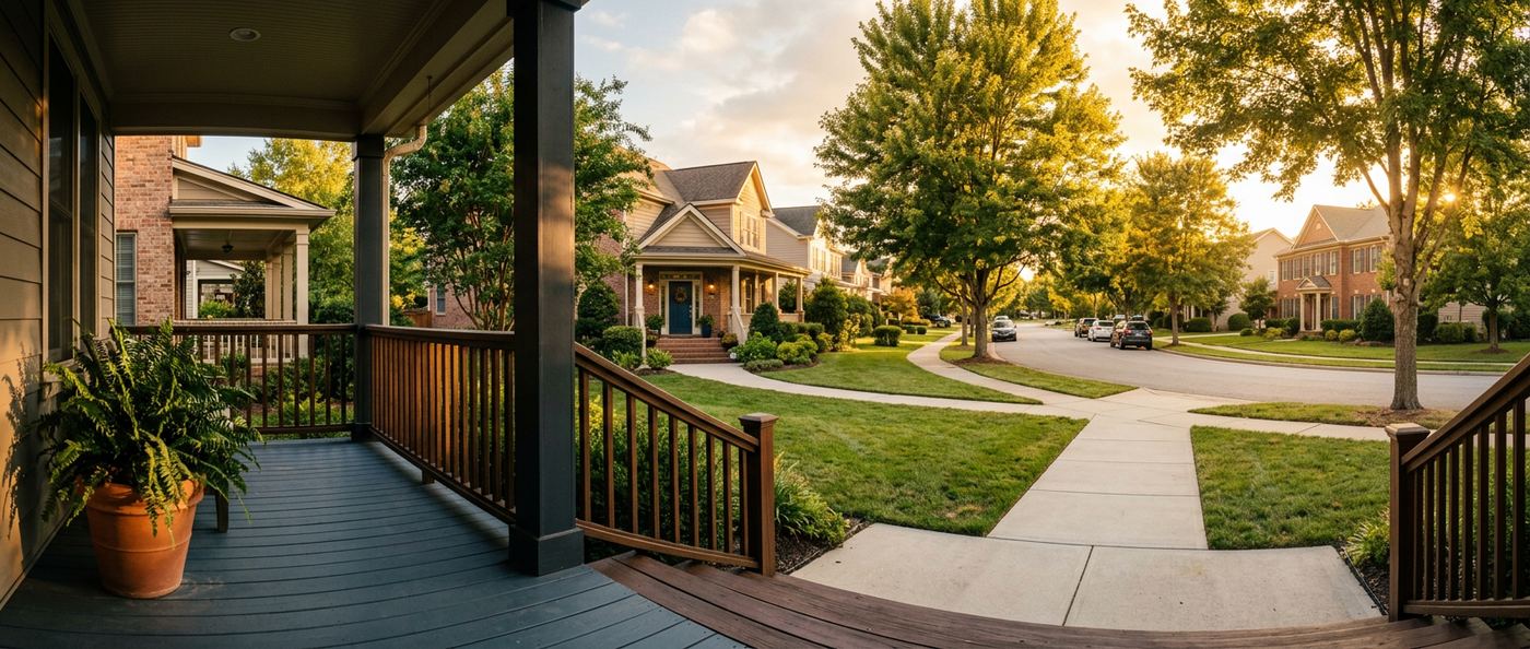 Panoramic view from a shadowed residential front porch onto a sunlit tree-lined suburban street at golden hour